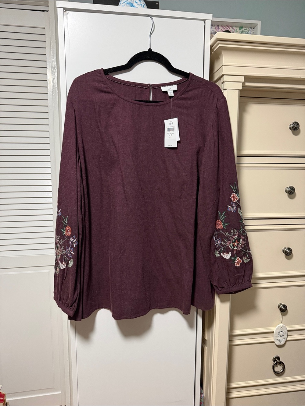 J. Jill Plum Embroidered Balloon-Sleeve Blouse